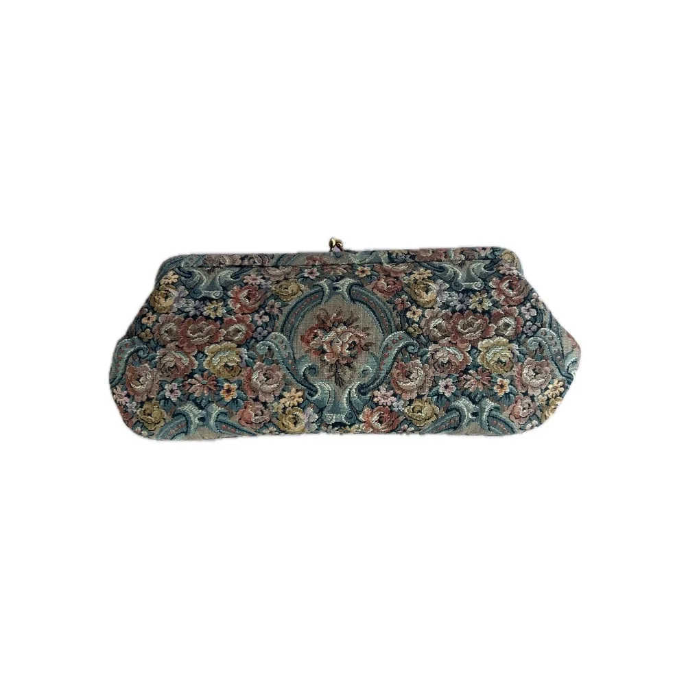 Vintage I Magnin Floral Tapestry Clutch Bag Kiss Lock Evening Handbag Multi